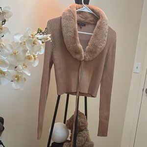 LOVE TREE Tan Cardigan with Plush Collar Size S BNWOT